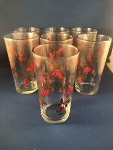 7 Vintage Weinrote Rosen Becher Trinkgläser 5 1/4" x 2 3/4" flacher Boden - Bild 1 von 6