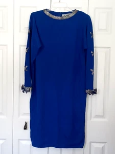 VINTAGE DON SAYERS For WELLMORE Blue Beaded 3D Bows On Sleeves SWEATER DRESS 12 - Picture 1 of 13