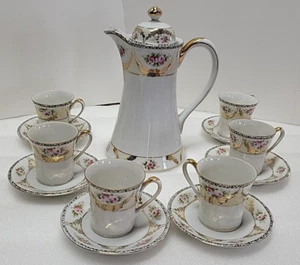 Noritake Morimura Japan Chocolate Tea Pot Set 6 Cup & Saucers Gold Roses Antique - Picture 1 of 13
