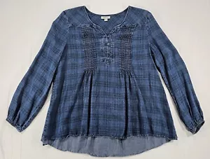Style & Co Tunika Damen L blau Chambray kariert Biesenfalten Langarm Boho - Bild 1 von 14