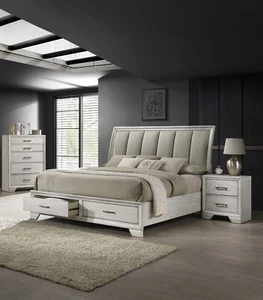 3Pc King Size Platform Storage Platform Bed Chest Nightstand Set White Cream - Picture 1 of 9
