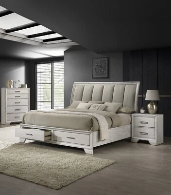 3Pc King Size Platform Storage Platform Bed Chest Nightstand Set White Cream - Image 1 of 4
