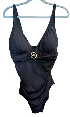 Maiô feminino Michael Kors peça única logotipo ouro preto tamanho 12 férias praia - Imagem 1 de 4