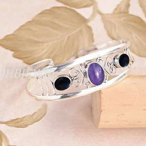 Black Onyx With Amethyst Gemstone 925 Sterling Silver Bangle Cuff Best Gift Idea - Picture 1 of 4
