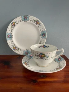 Crown Staffordshire Blue Fruit Basket Dessert Set Cup Saucer Plate Porcelain - Picture 1 of 12