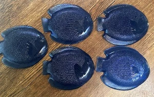 Set of 5 - ARCOROC Cobalt Blue Glass Fish Shaped 10” Dinner Plates Sturdy - Picture 1 of 16