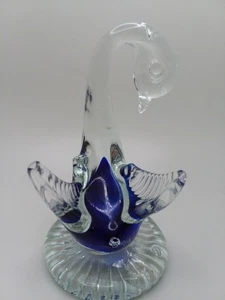 Art Glass Blown Swan Clear Glass & Blue d Design Figure Or Paperweight - Picture 1 of 4