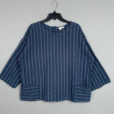 Eileen Fisher Shirt Womens XL Blue Striped Organic Hemp Cotton Boxy Casual Top - Image 1 of 4
