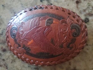 Hebilla de cinturón de cuero vintage DUCK MALLARD cosida a mano borde envuelto pintado - Imagen 1 de 3