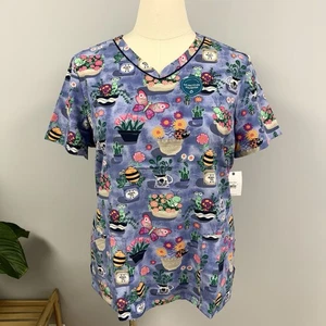 NWT Cherokee Scrub Top XL Blue Butterfly Plants Scrubs Uniform Give Me The Tea - Picture 1 of 10