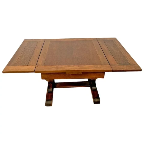 Oak Refectory Coffee Table Italian Pedestal Legs hidden draw leafs antique RARE Cover