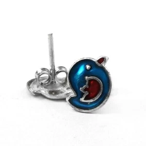 Solid 925 Sterling Silver Blue Enamel Bird Design Stud Earrings Handmade Jewelry - Picture 1 of 4