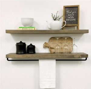 Set 2 NEW gray Wall Mount Floating Shelves, 36" x 5.5" Grey Wood with towel bar - Picture 1 of 4