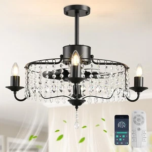 19.6in Crystals Ceiling Fan with Lights, Bladeless Black Fandelier Ceiling Fan - Picture 1 of 9