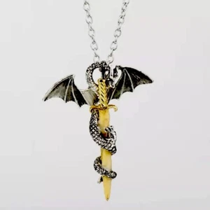 Collar y colgante cruz espada dorada y dragón místico en caja de regalo joyas - Imagen 1 de 8