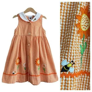 Good Lad Orange Gingham Plaid Bee Flower Appliqués Sleeveless Dress - Picture 1 of 12