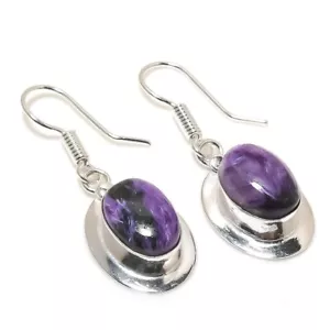 Purple Charoite Gemstone Handmade 925 Sterling Silver Jewelry Earring Size 1.40" - Picture 1 of 1