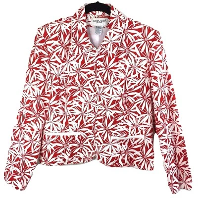 Schrader Petite Floral Jacket Blazer Size 8P White Red Flowers Daisies Front Zip - Image 1 of 4
