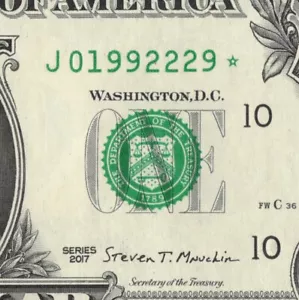 Sep 22 1992 Birthday Star Note One Dollar Bill Fancy Serial Number J01992229* - Picture 1 of 12