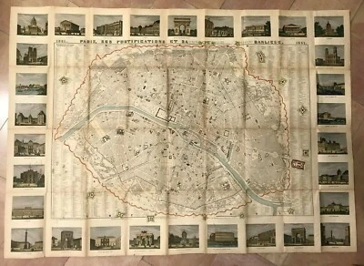 PARIS 1851 ANTIQUE DECORATIVE WALL MAP IN COLORS by DANLOS 19TH CENTURY  - Image 1 of 4