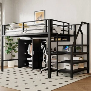 Hochbett Metallbett 140x200cm mit Schreibtisch, Kleiderschrank & Stauraumtreppen - Bild 1 von 13