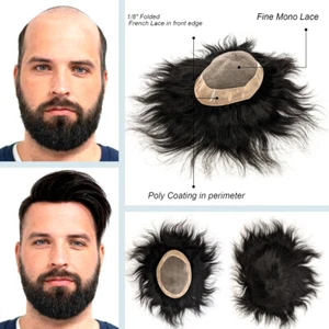 Mens Human Hair Replacement System Hairpiece Fine Mono Poly Skin Mens Toupee - Picture 1 of 9