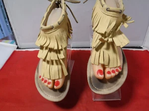 Caterpillar "Jazmyne" Boho Fringe Light Tan 100% Leather Thong Sandals size 8 W - Picture 1 of 12