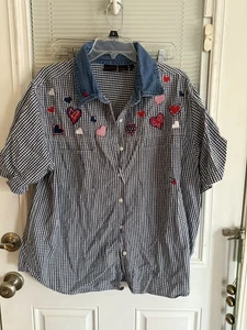 Vntg Quizz Woman Top Checked Denim Collar Sht Sleeve Red White Blue Hearts Sz 20 - Picture 1 of 6