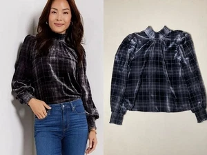 Evereve Maren Samt Top Gr. M schwarz grau kariert Stehkragen Damen inv24 - Bild 1 von 18