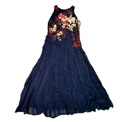Vestido Anthropologie Talla 2 Tanzina Azul Marino Floral Bordado Midi Sin Mangas Foto 1 de 4