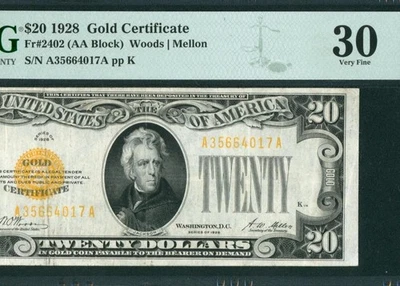$20 1928 Gold Certificate ** DAILY CURRENCY AUCTIONS (( PMG - 30 )) - Image 1 of 3