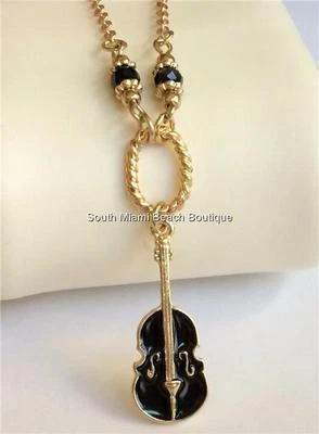 Collar de violín violín de música dorada banda negra regalo para profesor 18-22" enchapado Foto 1 de 4