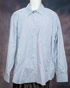 Camisa Tommy Hilfiger Manga Larga Con Botones Para Hombre Grande L Blanco Azul Rayas - Imagen 1 de 7