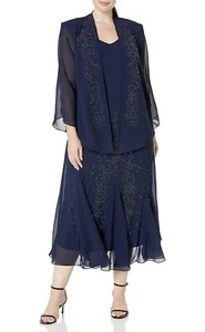 R&M Richards Women's Plus Size Beaded Chiffon Jacket Dress - Navy - 14 Plus - Picture 1 of 2