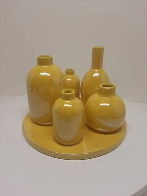 Yellow Vase Ceramic Bottle 5 Mini-vase On One Plate Home Decor Flowers D25 - Image 1 of 4