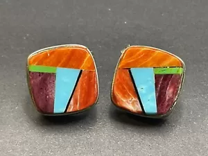 Orecchini Vintage Navajo First American Traders Argento 925 Intarsio Multi Pietre - Foto 1 di 5