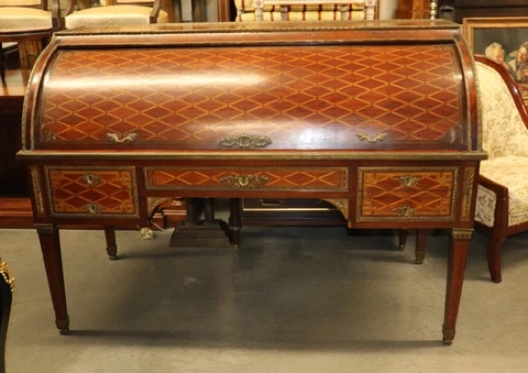 Monumental Inlaid French Bronze Mounted Louis XVI Cylinder Desk Circa 1900 Cover
