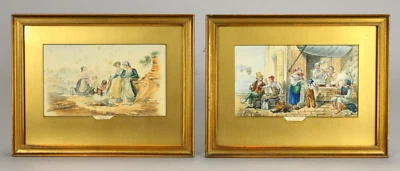 = Attrib. T. Rowlandson (British 1757-1827) Pair Watercolors Naples Genre Scenes - image 1 of 4