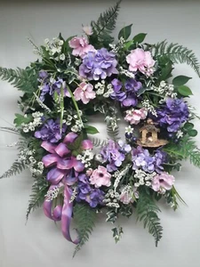 Flower Door Wreath Spring Summer Grarden Decor Woodsy Birdhouse - Picture 1 of 6