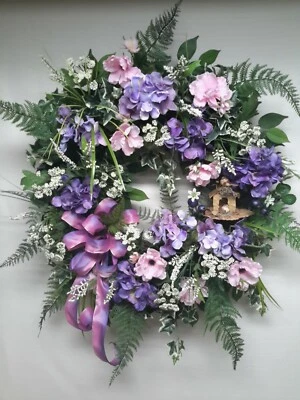 Flower Door Wreath Spring Summer Grarden Decor Woodsy Birdhouse - Image 1 of 4