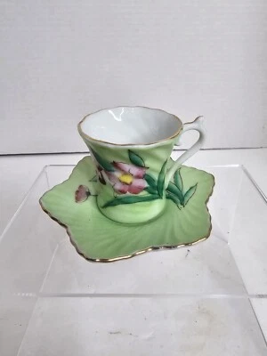 Xícara/pires vintage Demitasse por Fern Of Japan flor verde porcelana pintada à mão - Imagem 1 de 4