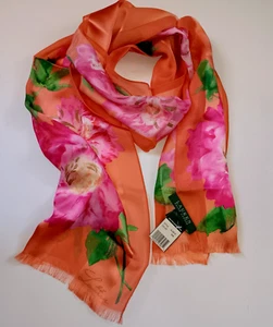 NEW LAUREN RALPH LAUREN WOMEN'S SILK STRIPE RECTANGLE SCARF CORAL & PINK FLORAL - Picture 1 of 7