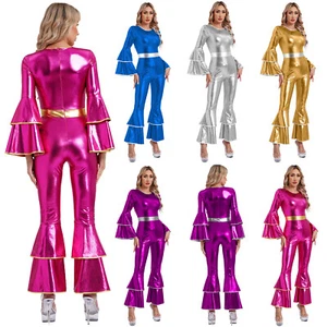 Damen 70er Disco Hippie Kostüm Glänzender Jumpsuit Einteiliger Overall Karneval - Bild 1 von 52