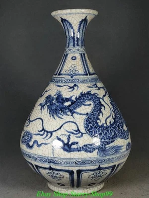Jarrón Botella 12.6" Antiguo Dinastía Yuan Azul Blanco Porcelana Dragón Patrón Tótem Foto 1 de 4