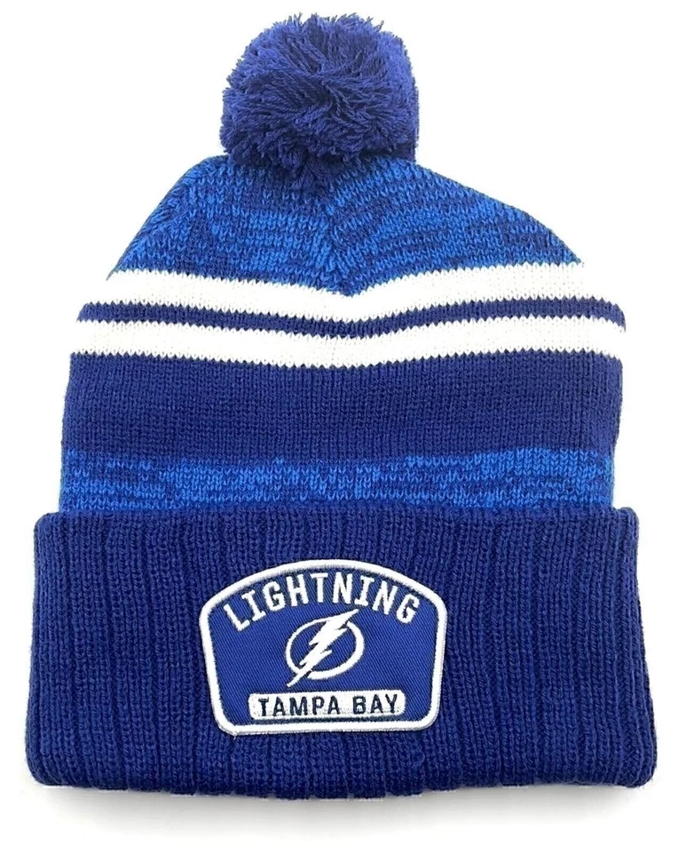TAMPA BAY LIGHTNING KNIT POM GORRO NHL LOGOTIPO DEL EQUIPO DE HOCKEY NUEVA GORRA A RAYAS Foto 1 de 1