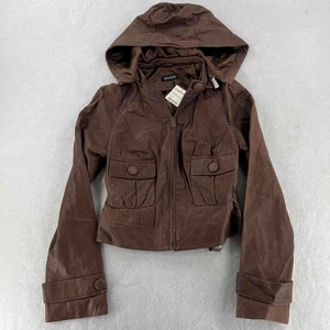 NWT Bebe Women's Leather Jacket Hoodie Brown Full Zip Size Medium - Picture 1 of 9