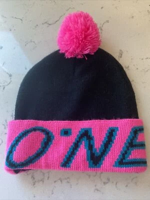 O`Neil Gorro Tejido Gorro Esquí Sombrero Negro Tejido Pesado con Logo Rosa y Pompón D3 Foto 1 de 4