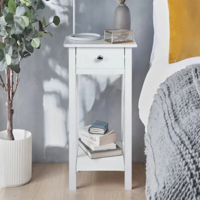 1 Drawer Slim Tall Bedside Tables White Bedroom Storage Unit Hallway End Table - Image 1 of 4