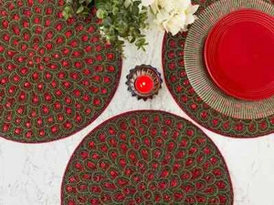 Set of 6 Handmade beaded placemat, tablemat, 14 inch, red green gold charger - Picture 1 of 5