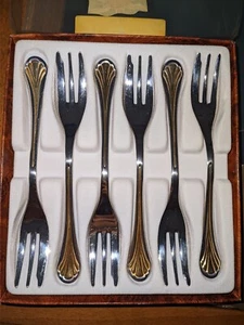 Set 6 Forchette Dessert Imperial Birmingham  Stainless Dorate  Vintage - Foto 1 di 5